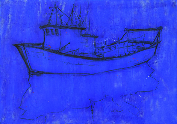 Barca transparent sobre blau