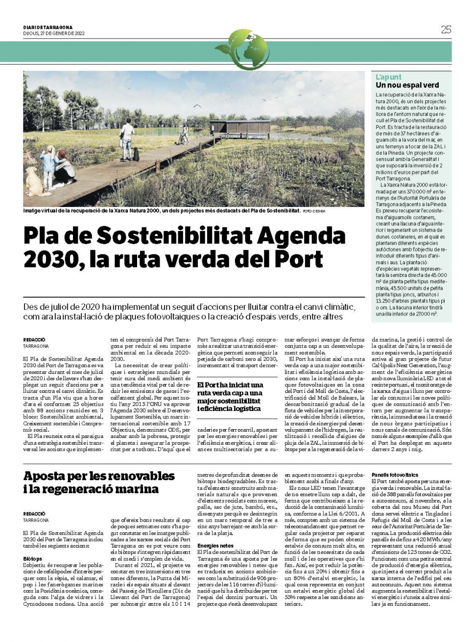 Pla de Sostenibilitat Agenda 2030, la ruta verda del Port - Monogràfic Diari Tarragona 27 de gener de 2022